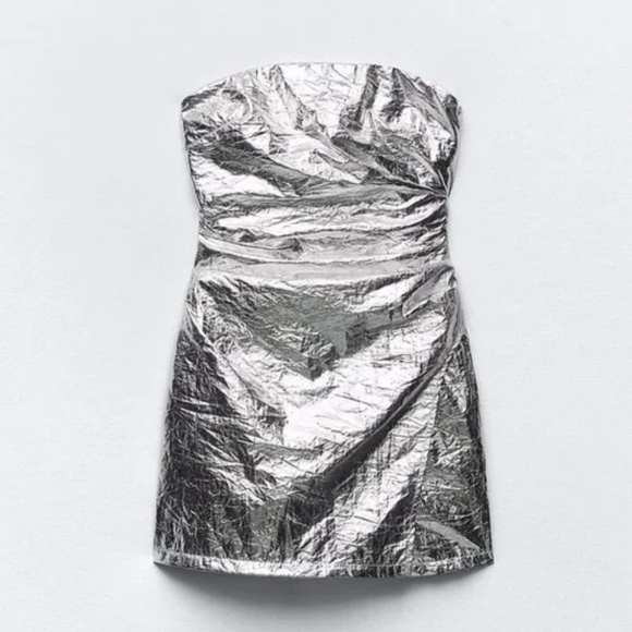 Zara RUCHED METALLIC MINI ROMPER DRESS SIZE XS NWT - Picture 2 of 9
